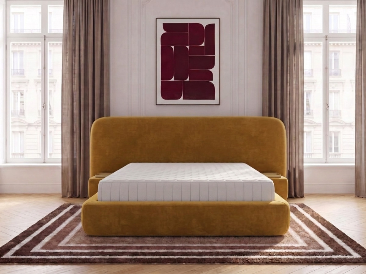 Ensemble avec lit coffre AURAE avec chevets intégrés + matelas hybride jaune
