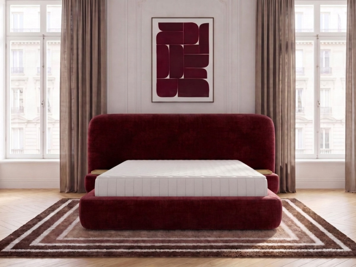 Ensemble avec lit coffre AURAE avec chevets intégrés + matelas hybride rouge