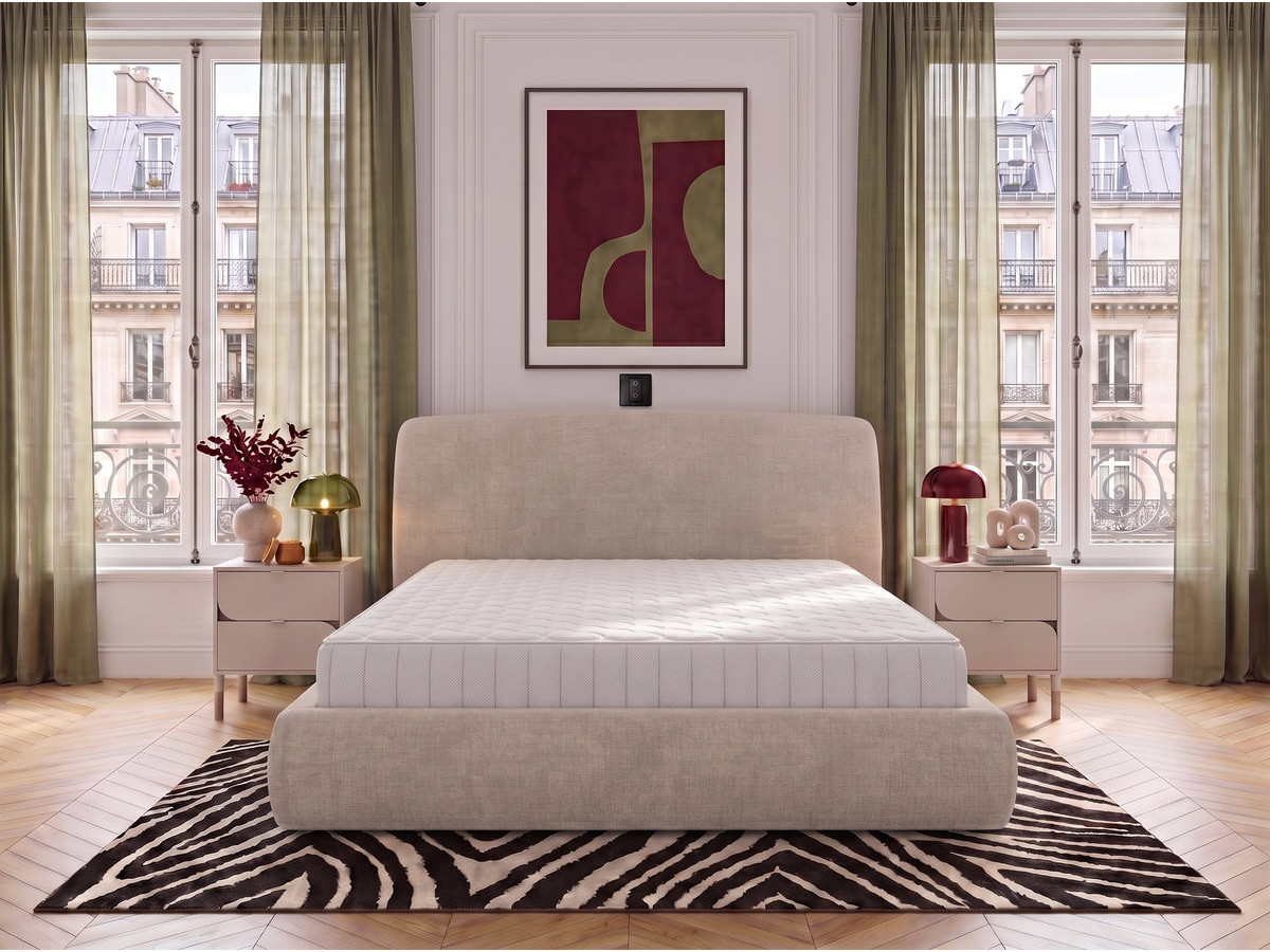 Ensemble avec lit coffre électrique ELIXA texturé + matelas hybride beige
