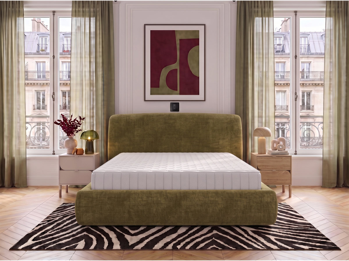 Ensemble avec lit coffre électrique ELIXA tissu texturé + matelas hybride