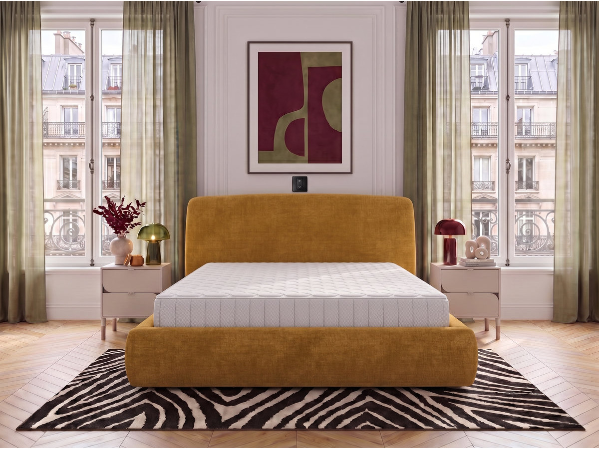 Ensemble avec lit coffre électrique ELIXA tissu texturé + matelas hybride jaune 180x200  BOBOCHIC