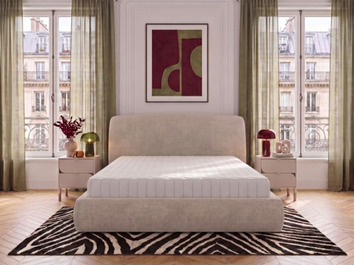 Ensemble avec lit coffre ELIXA tissu texturé + matelas hybride