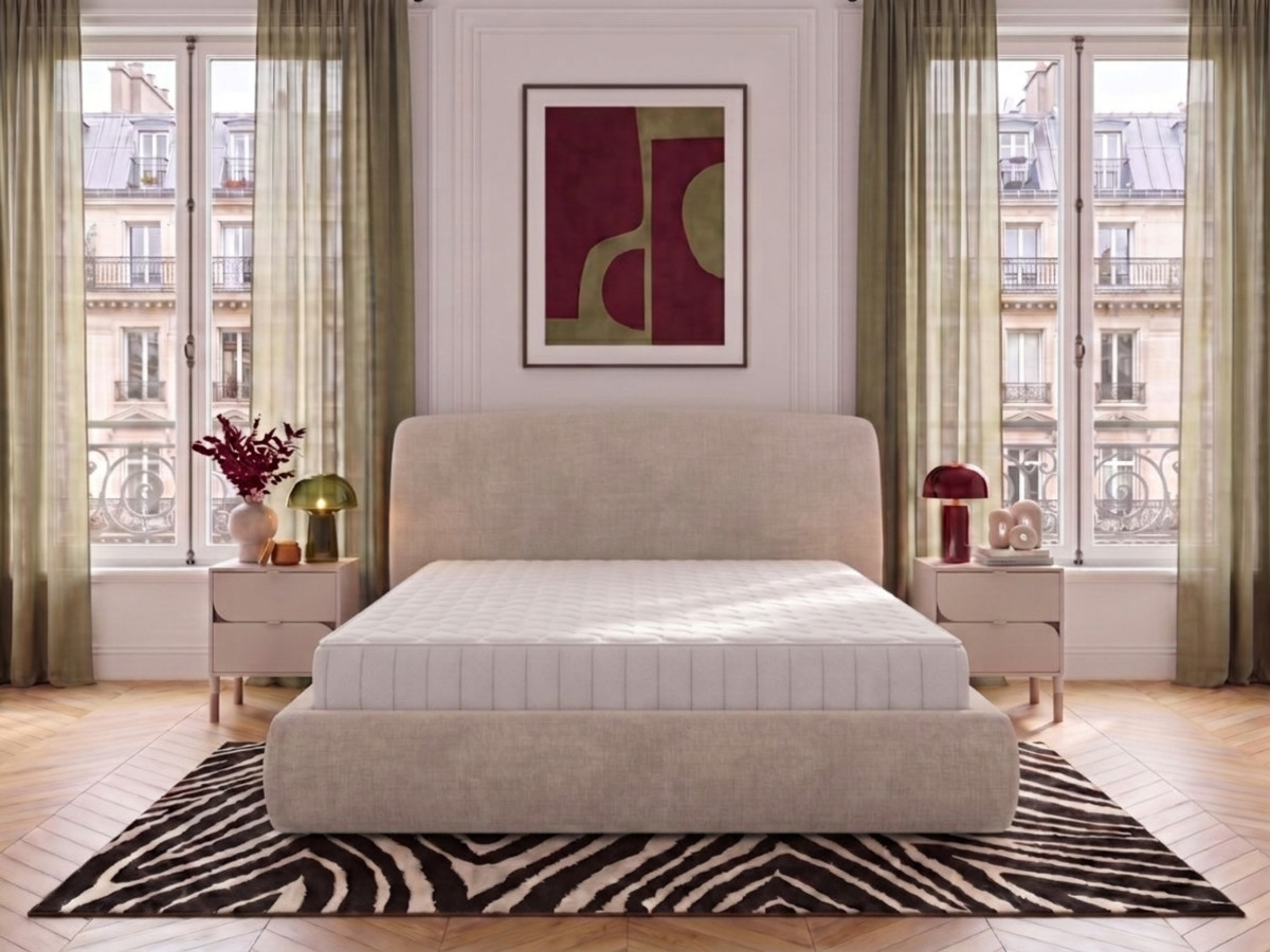 Ensemble avec lit coffre ELIXA tissu texturé + matelas hybride
