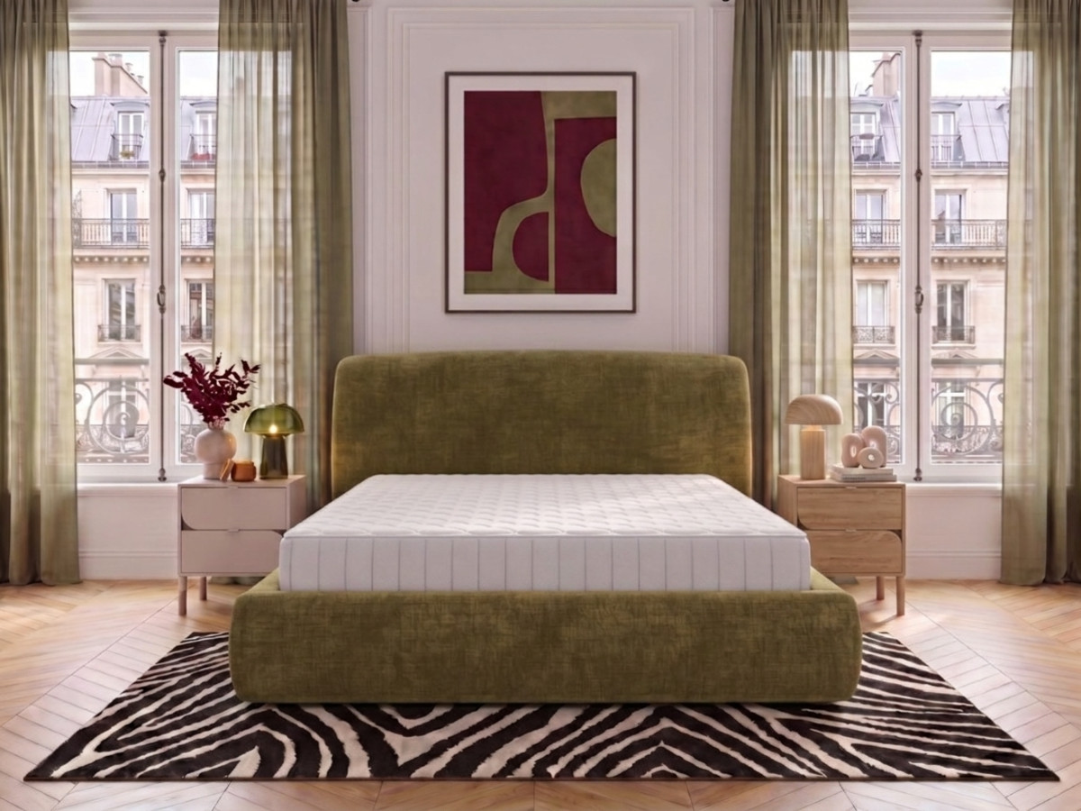 Ensemble avec lit coffre ELIXA tissu texturé + matelas hybride