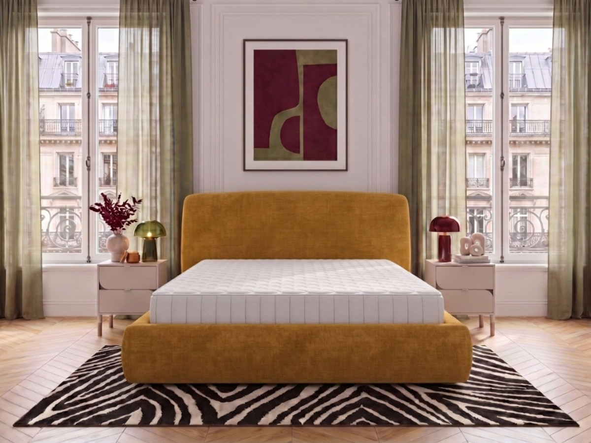Ensemble avec lit coffre ELIXA tissu texturé + matelas hybride