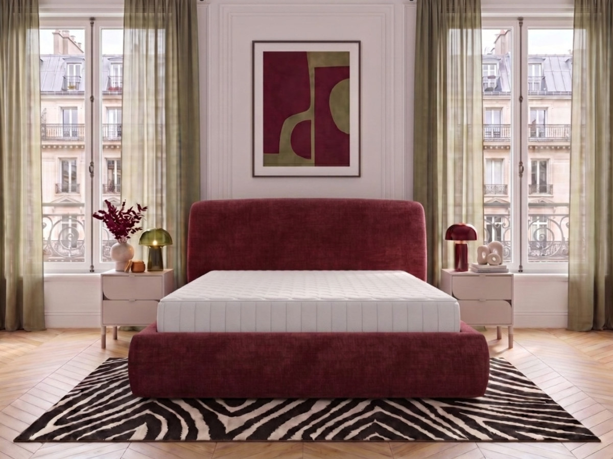 Ensemble avec lit coffre ELIXA tissu texturé + matelas hybride