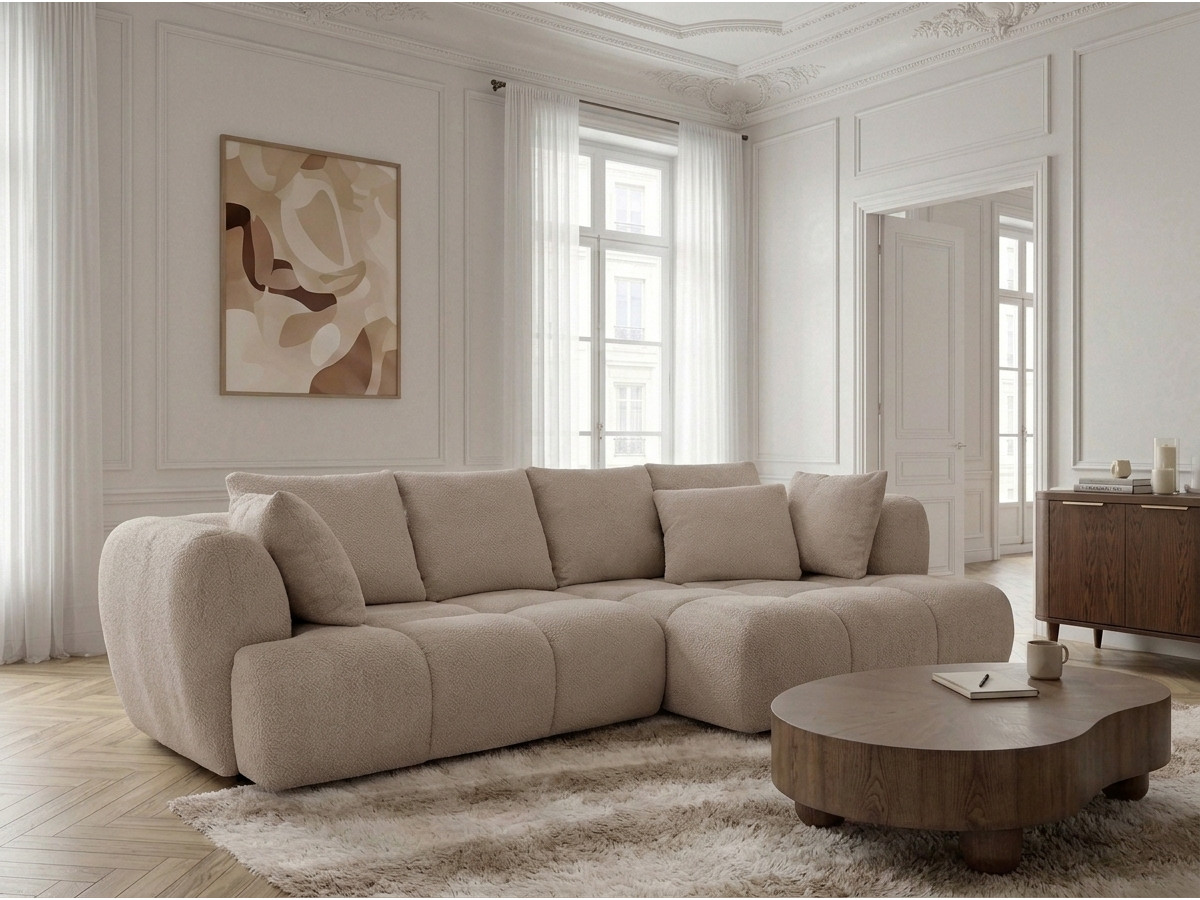 Canapé d'angle convertible avance-recule électrique AUDE bouclette beige