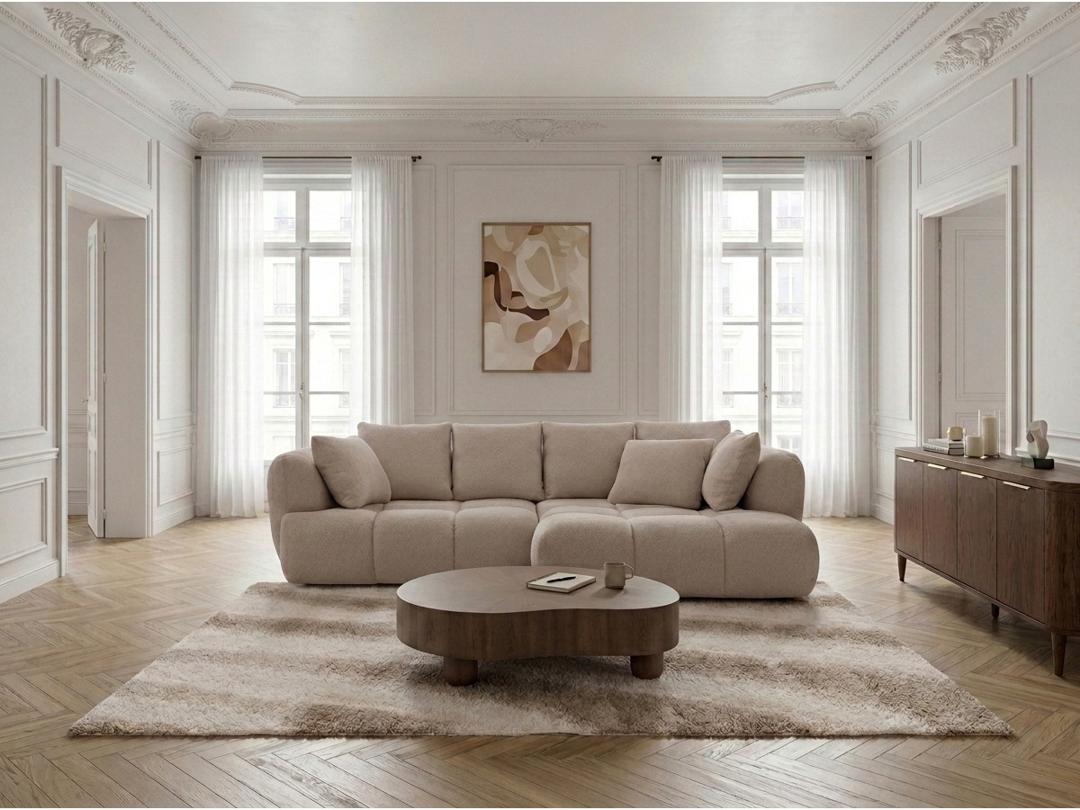 Narożna sofa z funkcją spania i elektryczną regulacją głębokości AUDE, obita tkaniną boucle