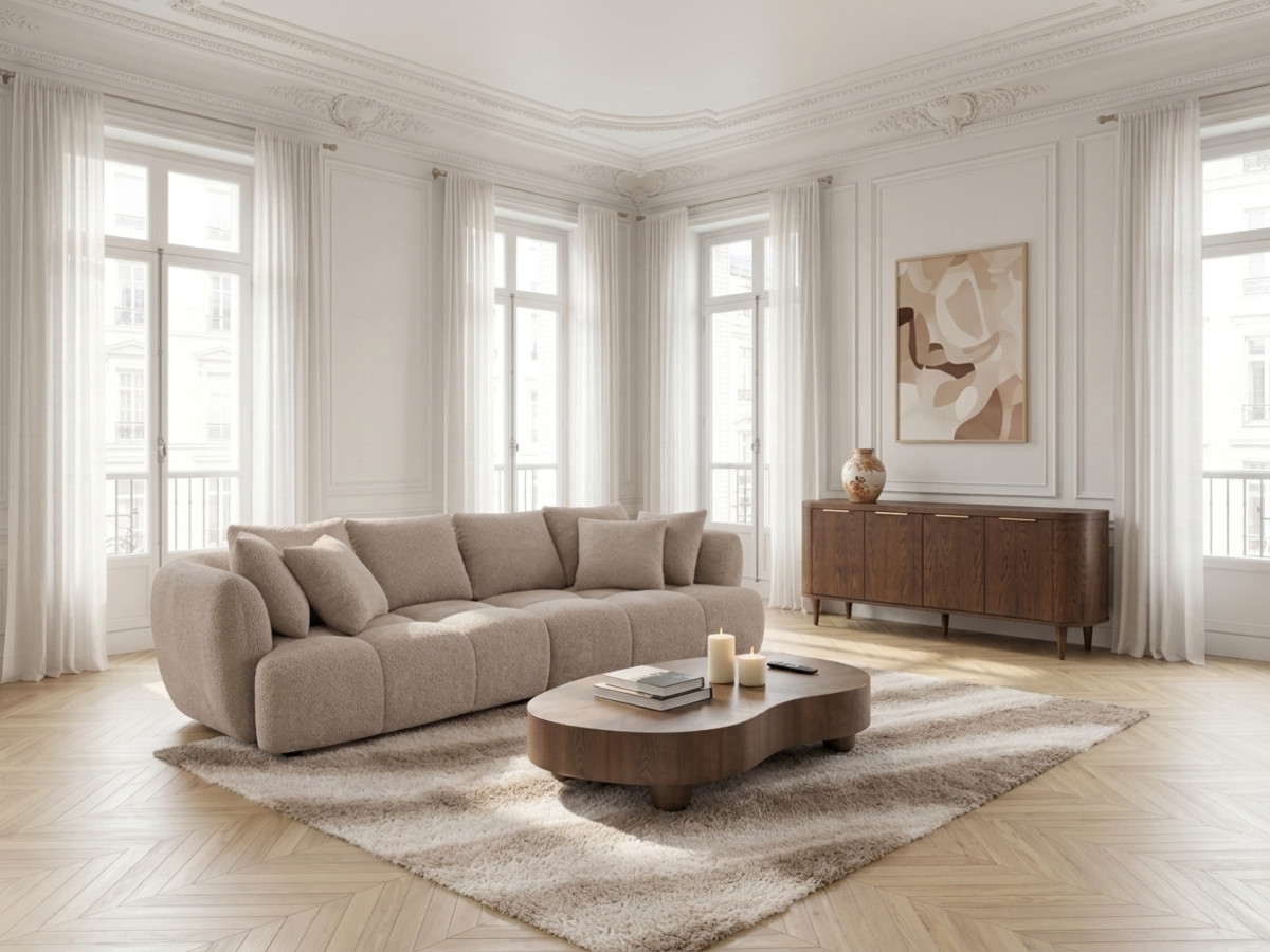 Canapé droit convertible double avance-recule électrique AUDE bouclette beige