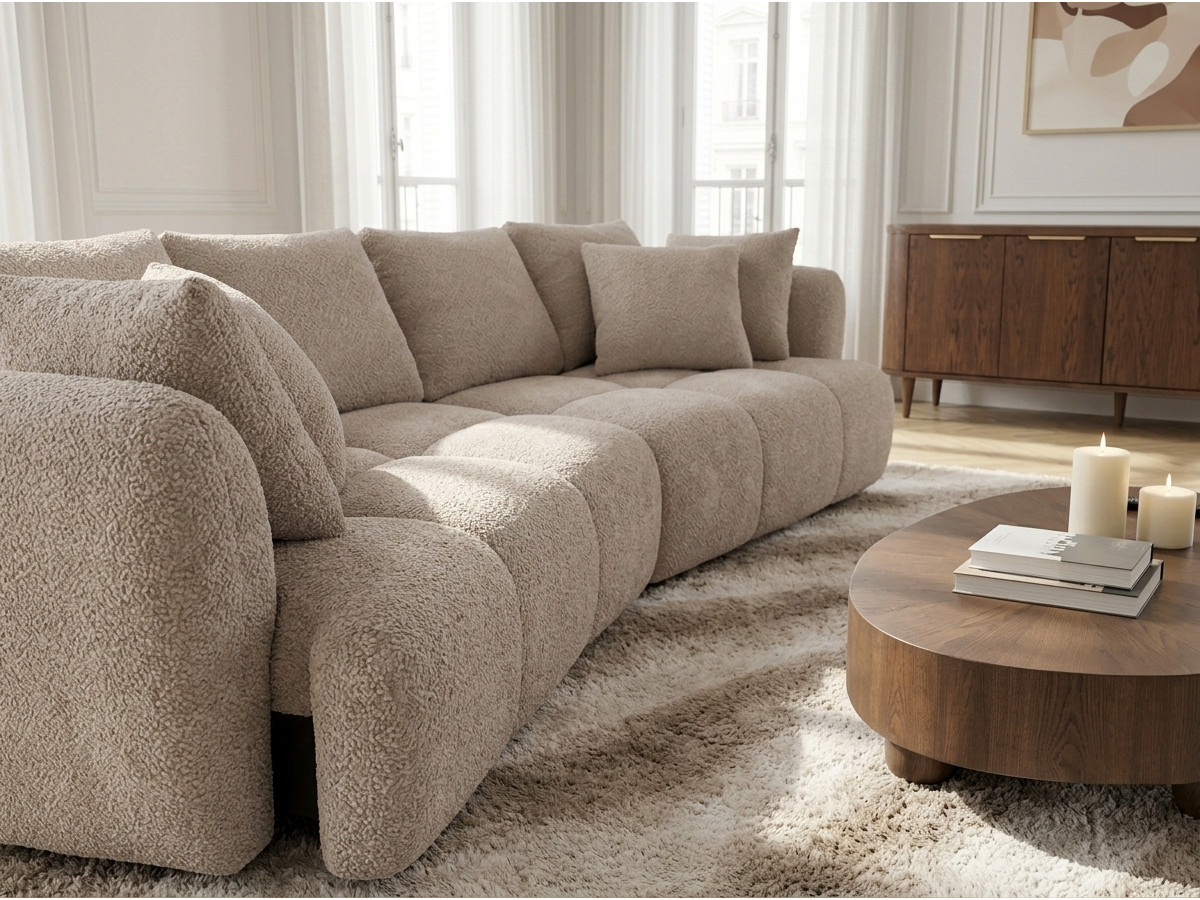 Canapé droit convertible double avance-recule électrique AUDE bouclette beige — vue 4