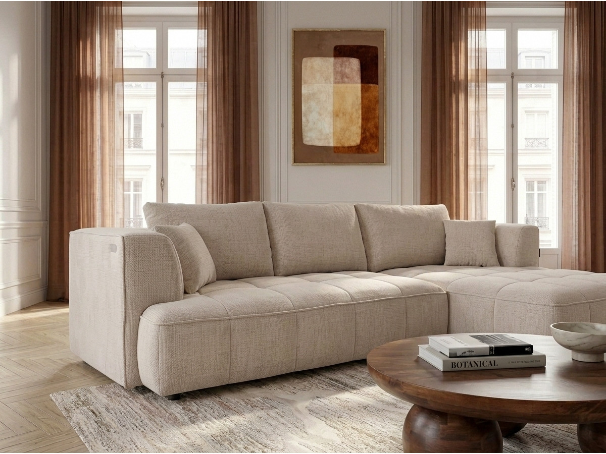 Canapé d'angle convertible avance-recule électrique CLOVIS lisse beige — vue 5