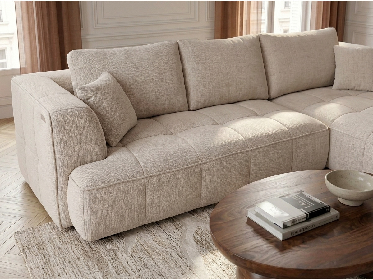 Canapé d'angle convertible avance-recule électrique CLOVIS lisse beige — vue 6