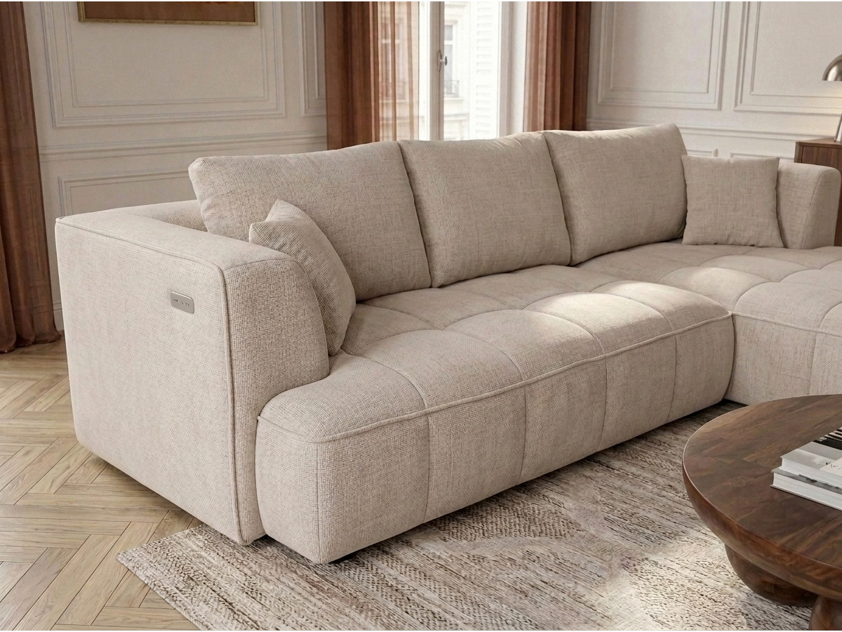 Canapé d'angle convertible avance-recule électrique CLOVIS tissu lisse