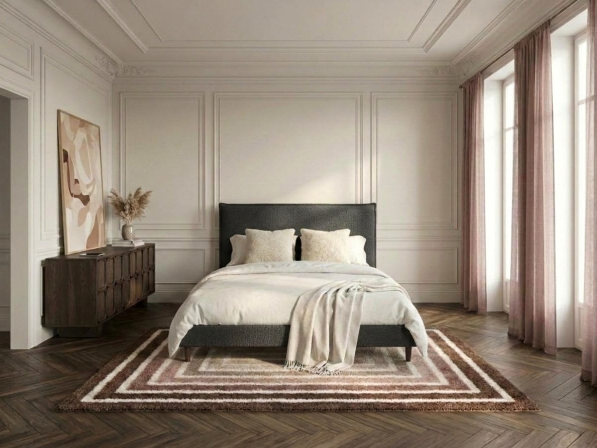 Lit SARY avec lattes massives pieds en bois wengé anthracite