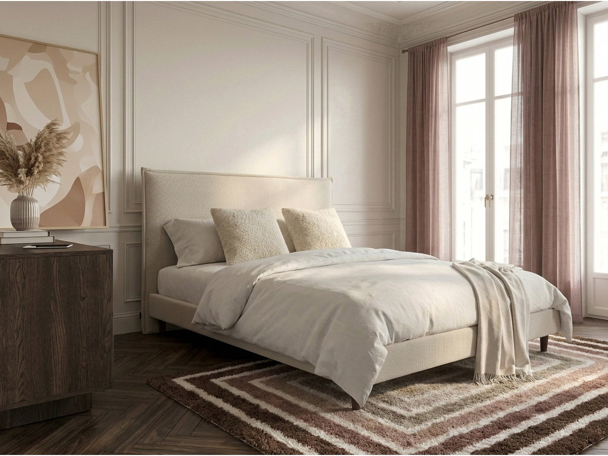 Lit SARY avec lattes massives pieds en bois wengé beige — vue 5