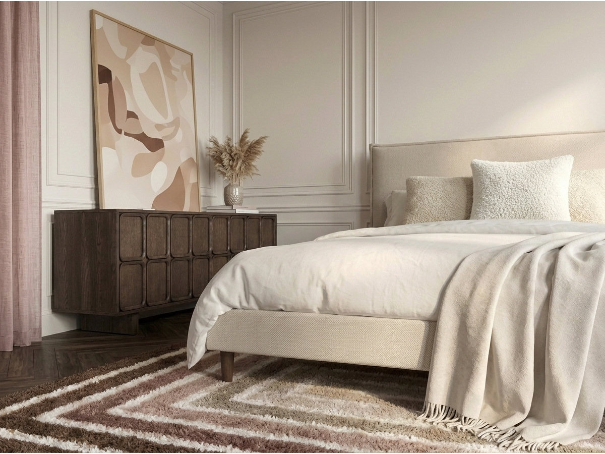 Lit SARY avec lattes massives pieds en bois wengé beige — vue 6