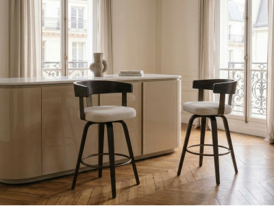 Lot de 2 chaises de bar pivotantes BIARA tissu texturé et pieds contreplaqué peuplier