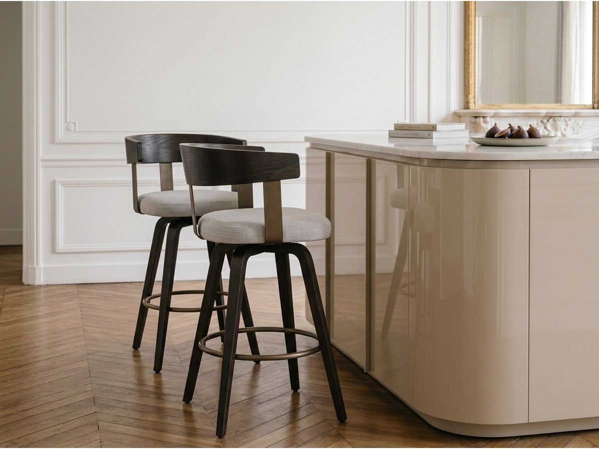 Lot de 2 chaises de bar pivotantes BIARA tissu texturé et pieds contreplaqué peuplier