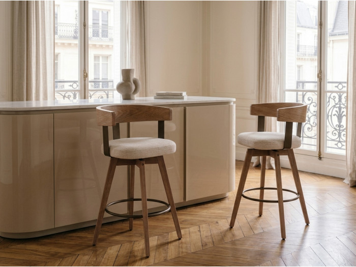 Lot de 2 chaises de bar pivotantes RAYA tissu texturé et pieds contreplaqué peuplier