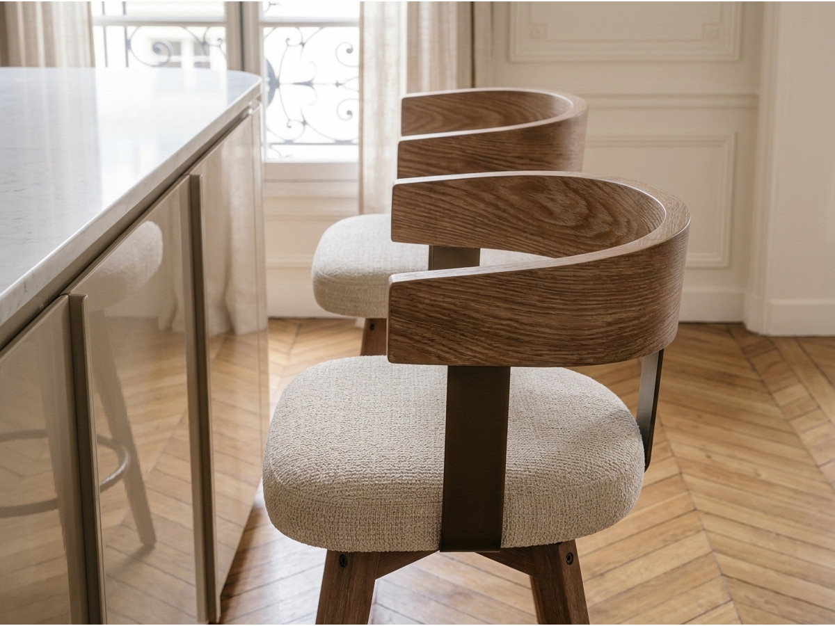 Lot de 2 chaises de bar pivotantes RAYA tissu texturé et pieds contreplaqué peuplier