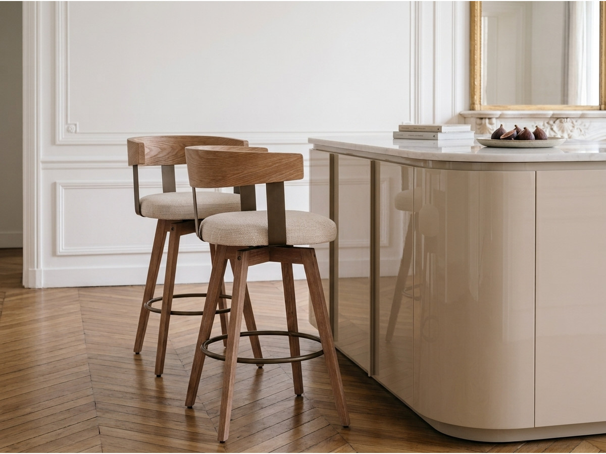 Lot de 2 chaises de bar pivotantes RAYA tissu texturé et pieds contreplaqué peuplier