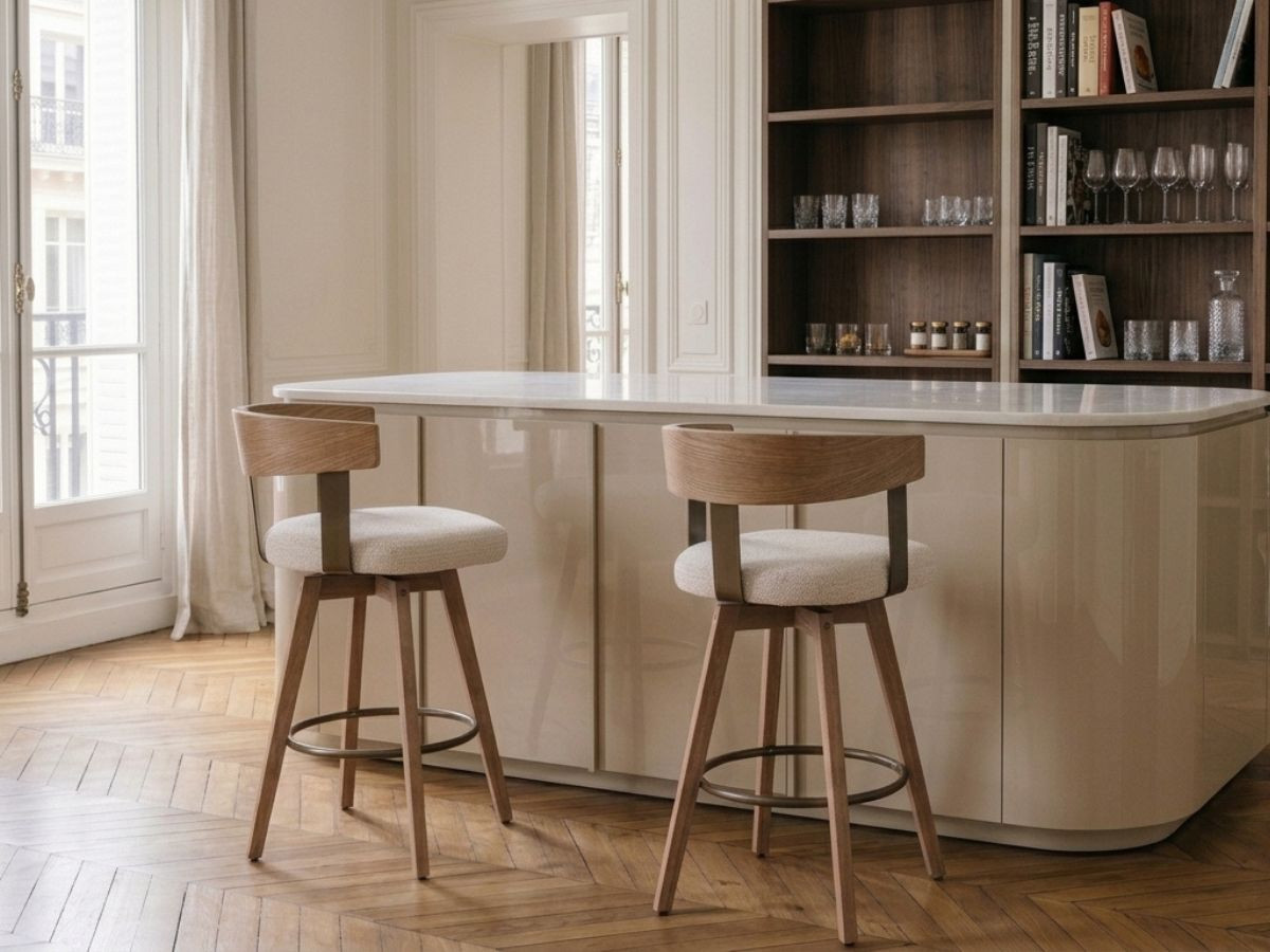 Lot de 2 chaises de bar pivotantes RAYA texturé et pieds contreplaqué peuplier — vue 6