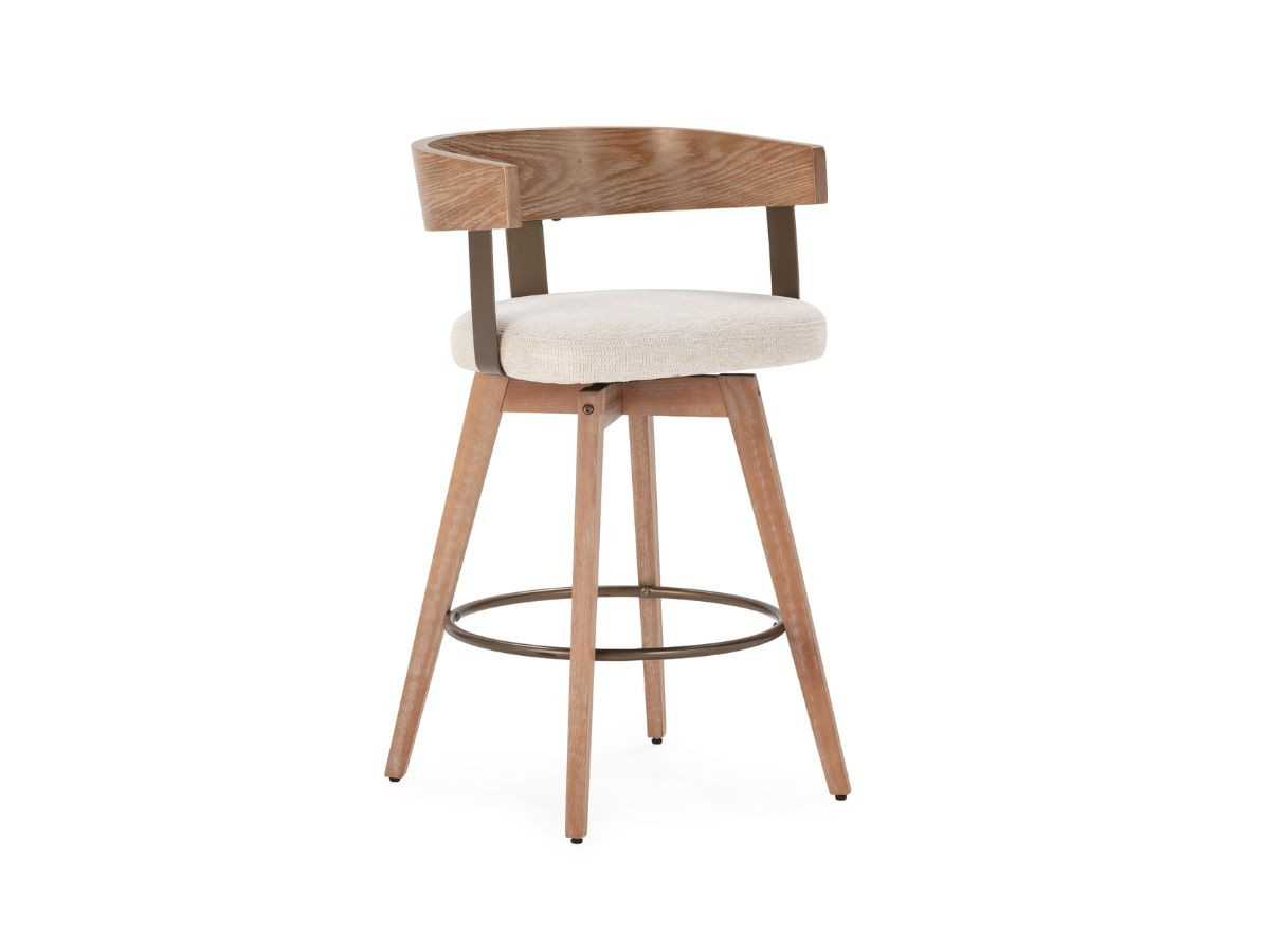 Lot de 2 chaises de bar pivotantes RAYA tissu texturé et pieds contreplaqué peuplier