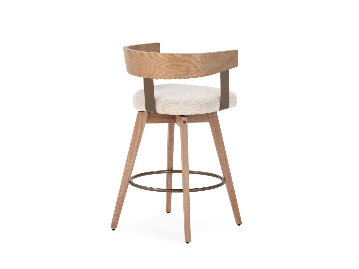 Lot de 2 chaises de bar pivotantes RAYA tissu texturé et pieds contreplaqué peuplier