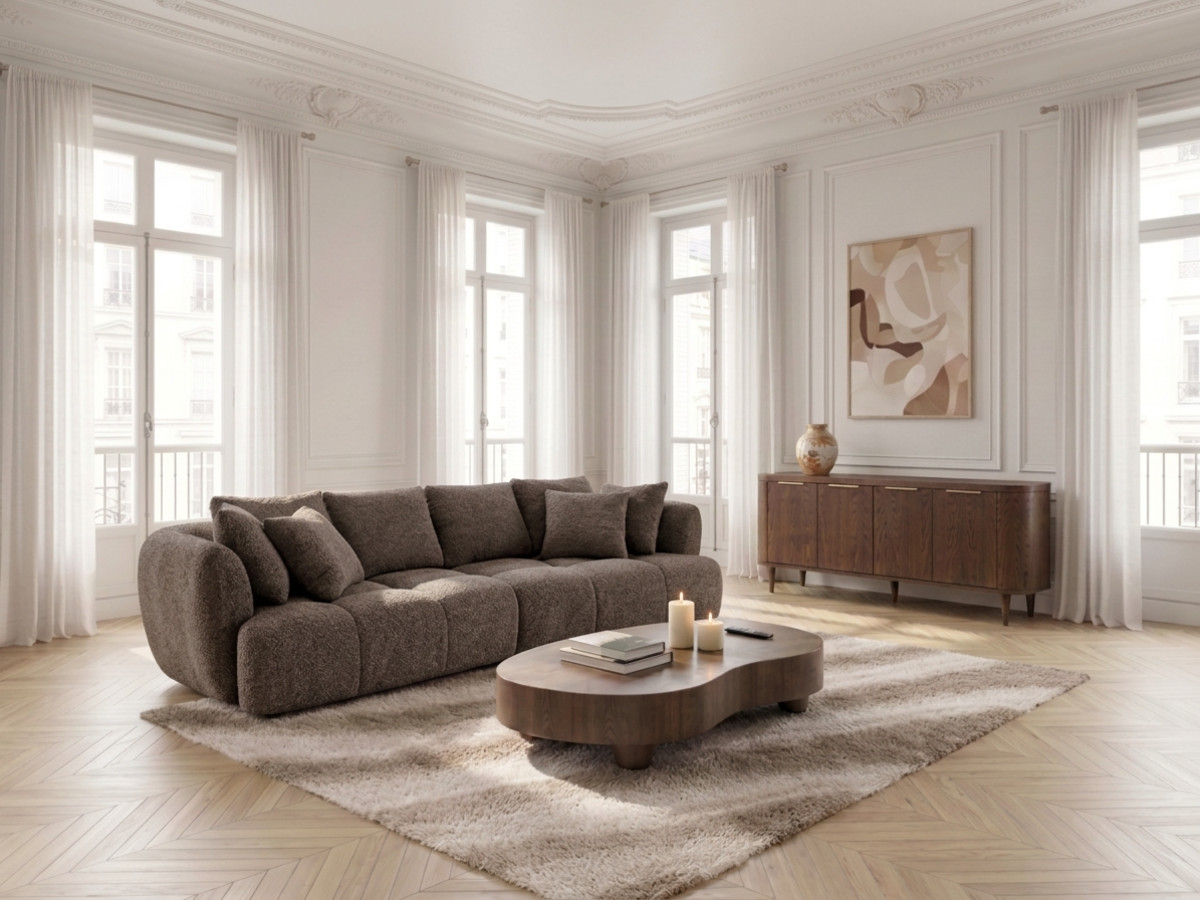 Canapé droit convertible double avance-recule électrique AUDE bouclette marron