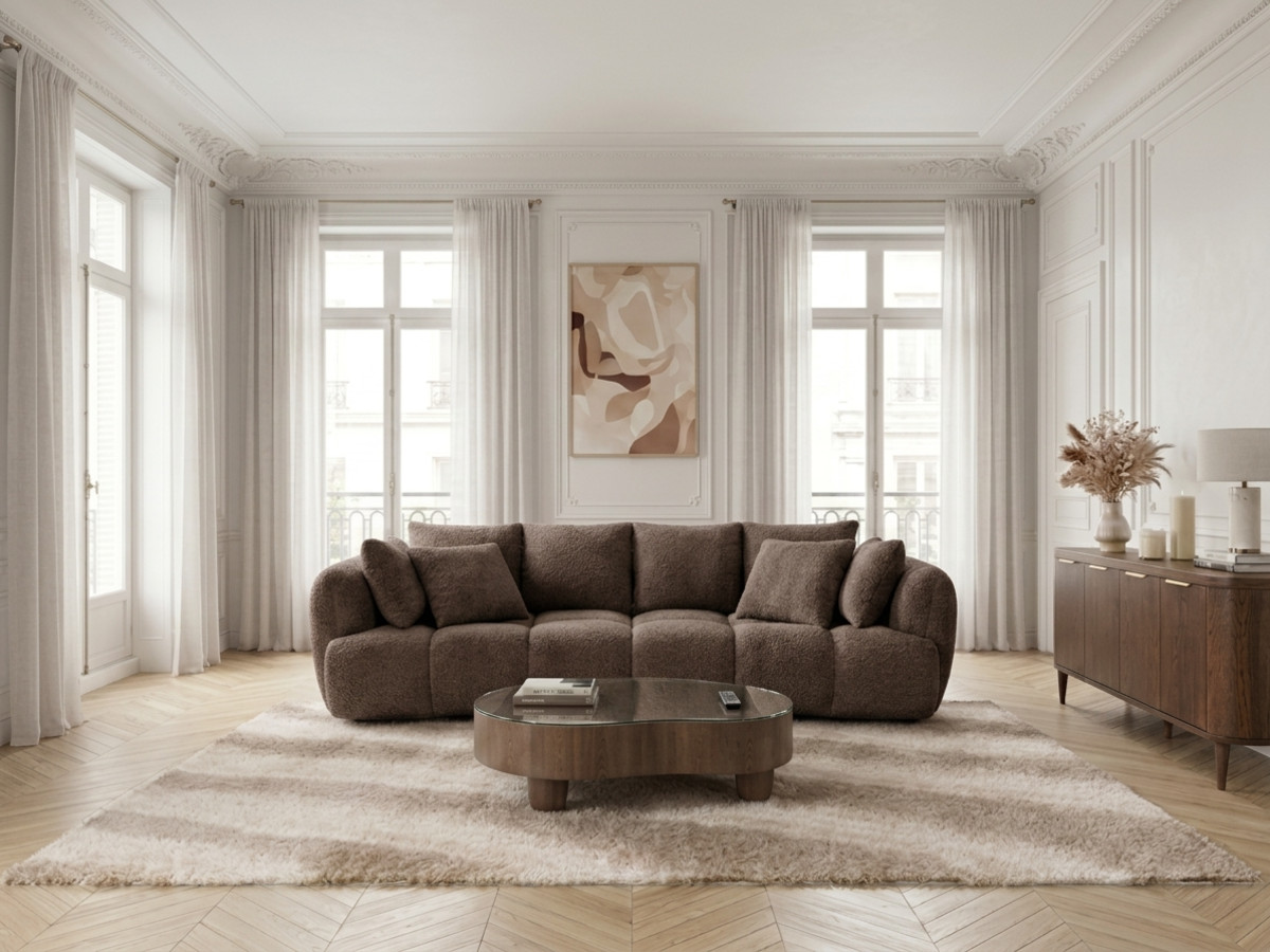 Canapé droit convertible double avance-recule électrique AUDE bouclette marron — vue 5