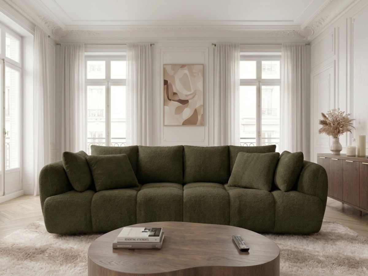 Canapé droit convertible double avance-recule électrique AUDE bouclette vert — vue 6