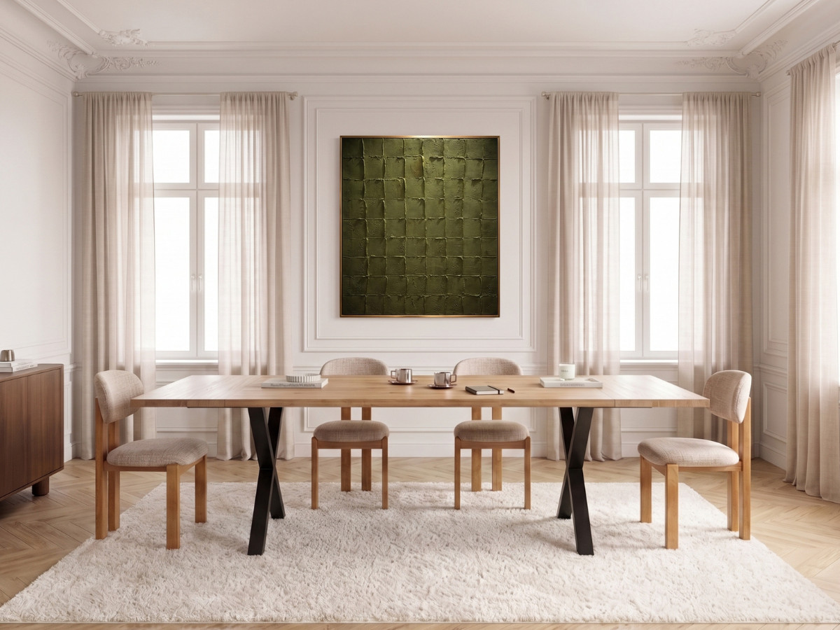 Uitschuifbare eettafel WENDY van massief eikenhout met metalen kruispoten