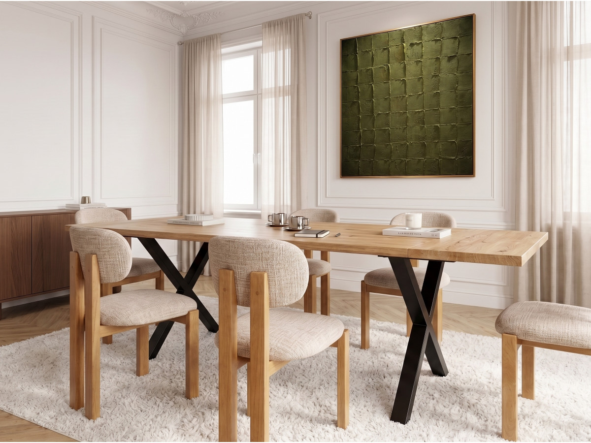 Uitschuifbare eettafel WENDY van massief eikenhout met metalen kruispoten