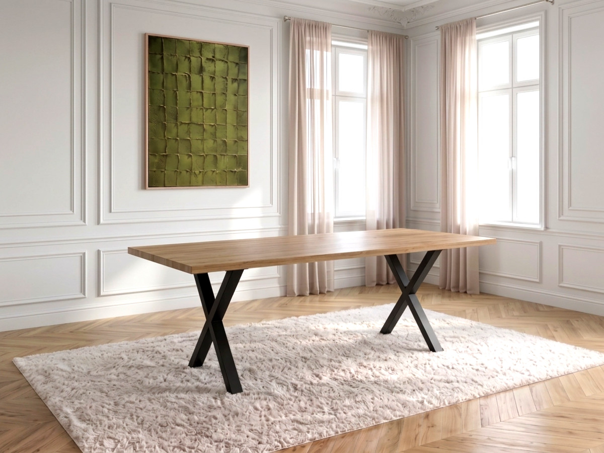 Uitschuifbare eettafel WENDY van massief eikenhout met metalen kruispoten