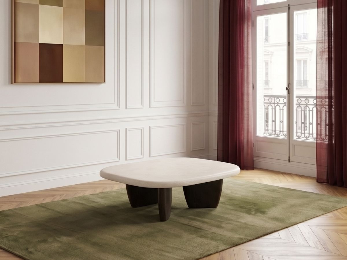 Table basse carrée 100 cm PASSY effet ciment et placage frêne