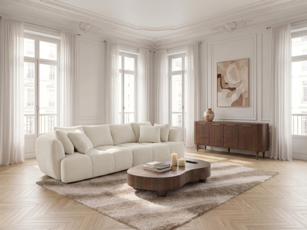Canapé droit convertible double avance-recule électrique AUDE bouclette blanc