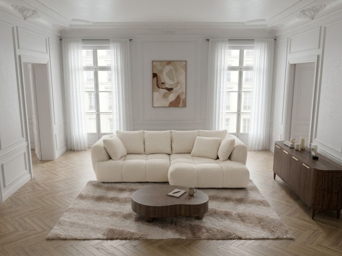Canapé d'angle convertible avance-recule électrique AUDE bouclette blanc — vue 5