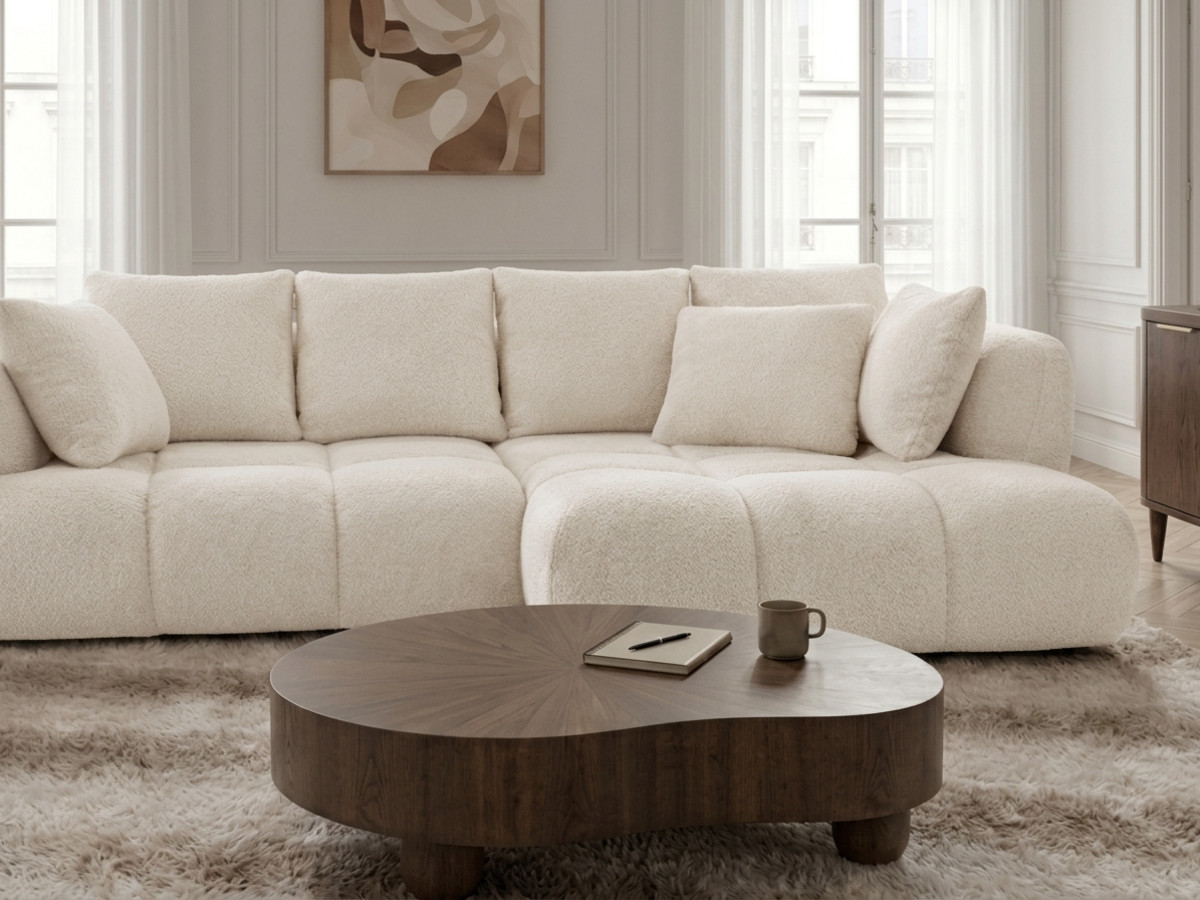 Narożna sofa z funkcją spania i elektryczną regulacją głębokości AUDE, obita tkaniną boucle
