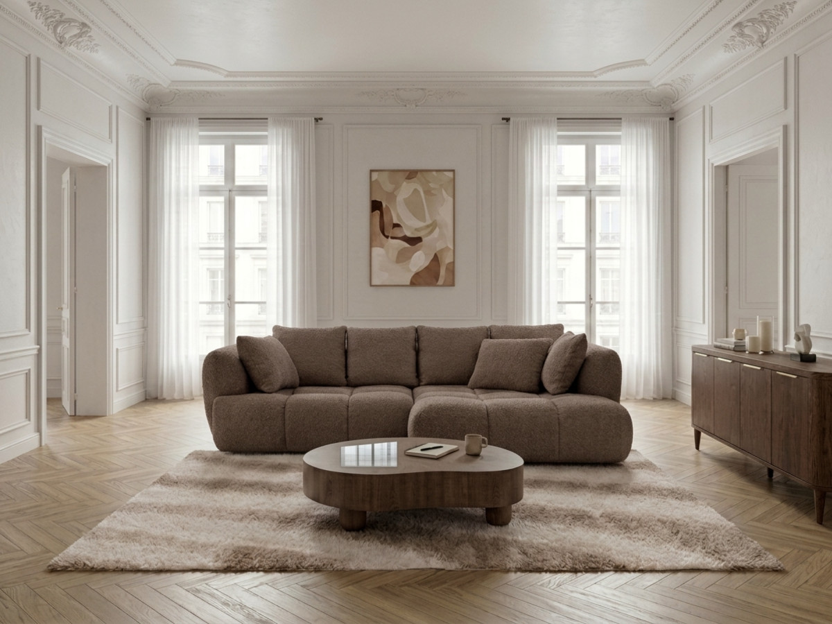Narożna sofa z funkcją spania i elektryczną regulacją głębokości AUDE, obita tkaniną boucle