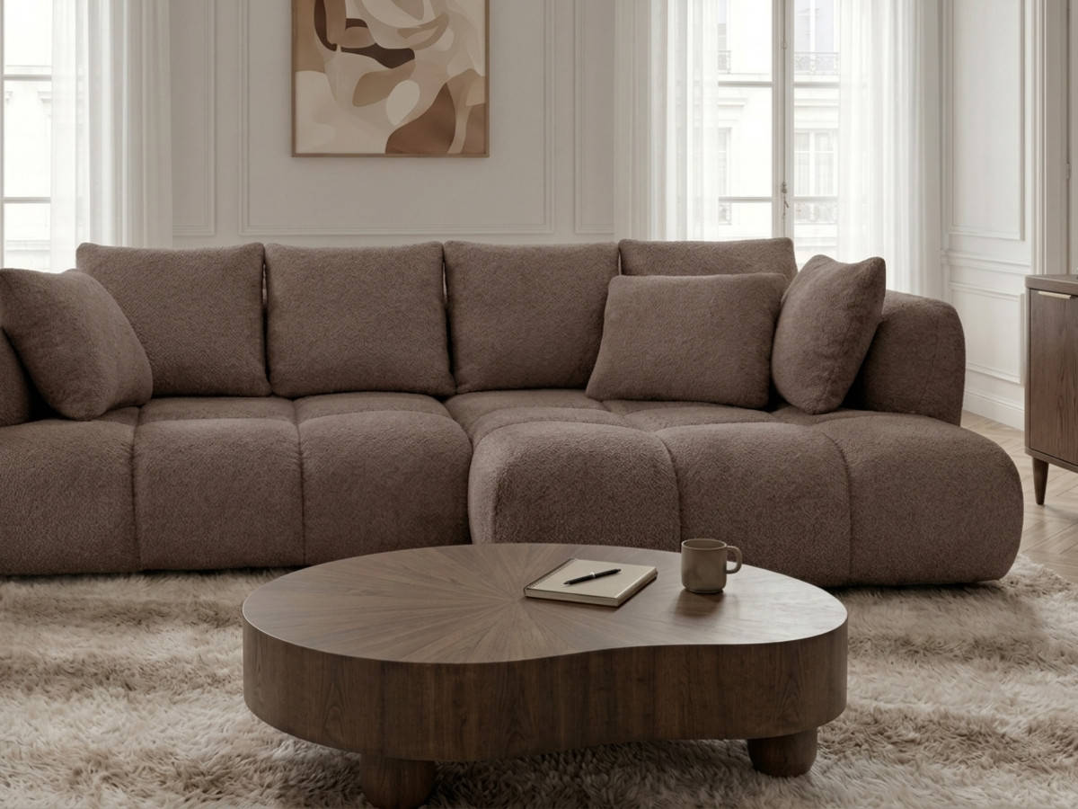 Narożna sofa z funkcją spania i elektryczną regulacją głębokości AUDE, obita tkaniną boucle