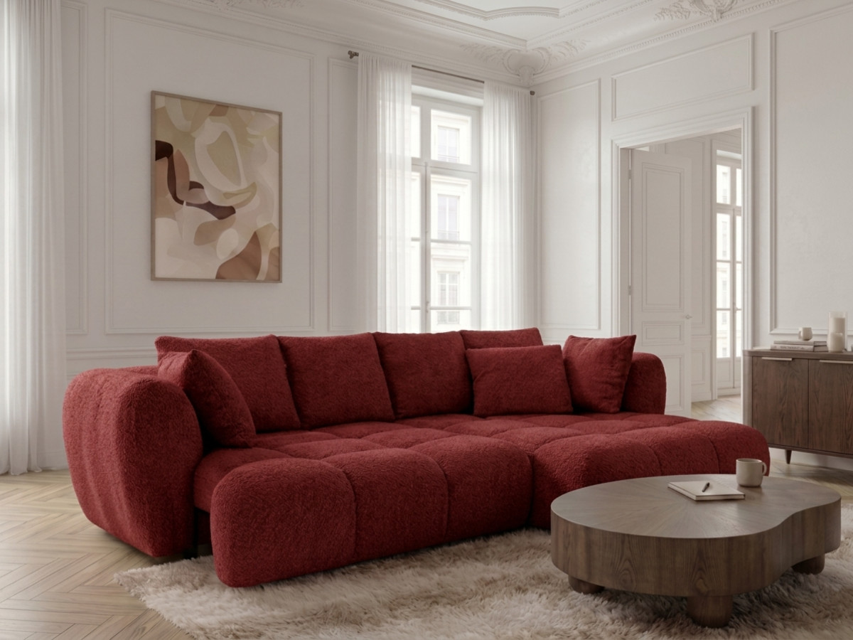 Narożna sofa z funkcją spania i elektryczną regulacją głębokości AUDE, obita tkaniną boucle