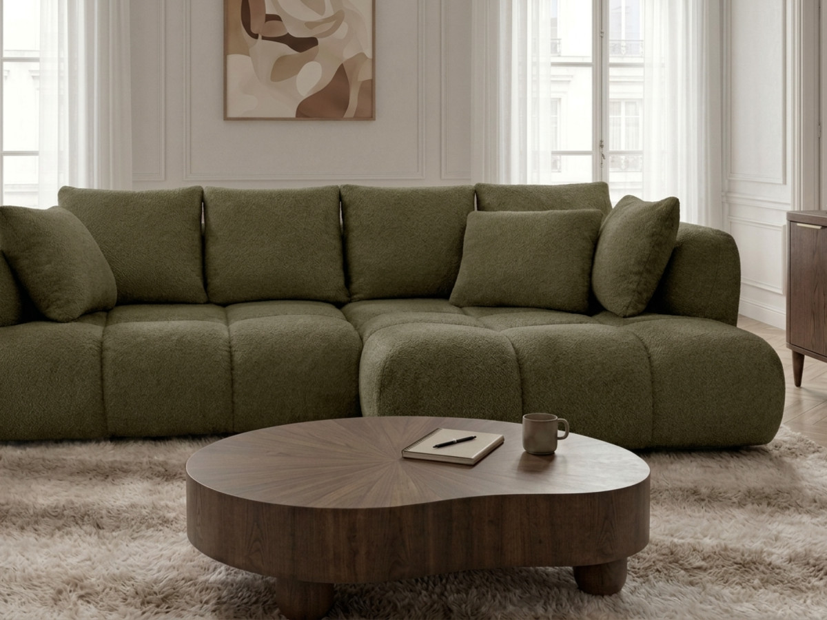 Narożna sofa z funkcją spania i elektryczną regulacją głębokości AUDE, obita tkaniną boucle