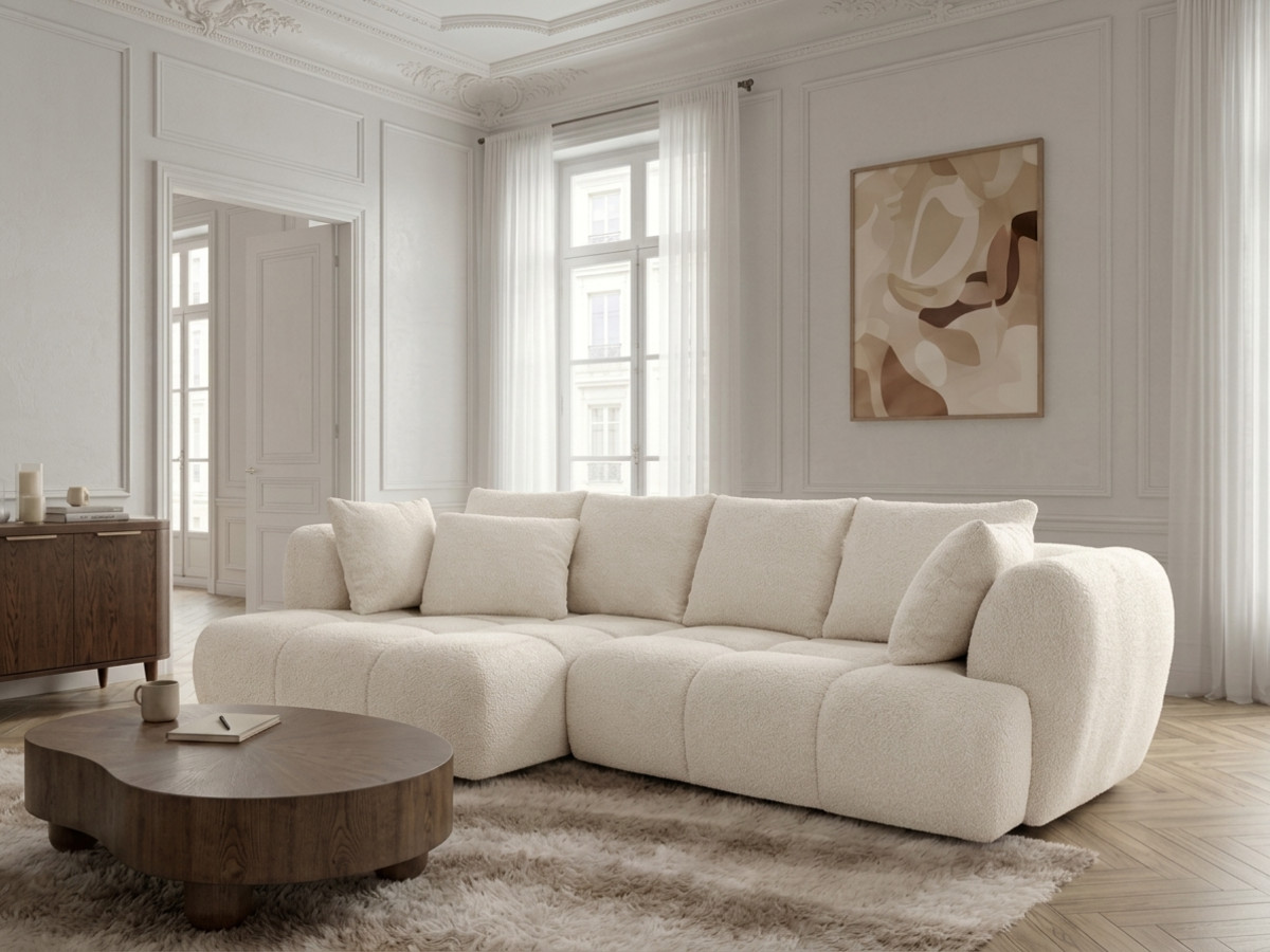 Narożna sofa z funkcją spania i elektryczną regulacją głębokości AUDE, obita tkaniną boucle