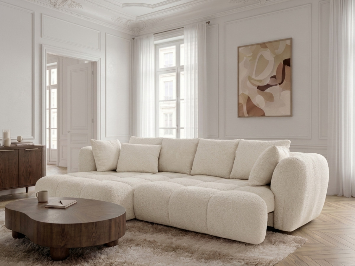 Narożna sofa z funkcją spania i elektryczną regulacją głębokości AUDE, obita tkaniną boucle