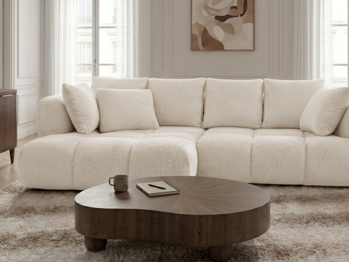 Narożna sofa z funkcją spania i elektryczną regulacją głębokości AUDE, obita tkaniną boucle