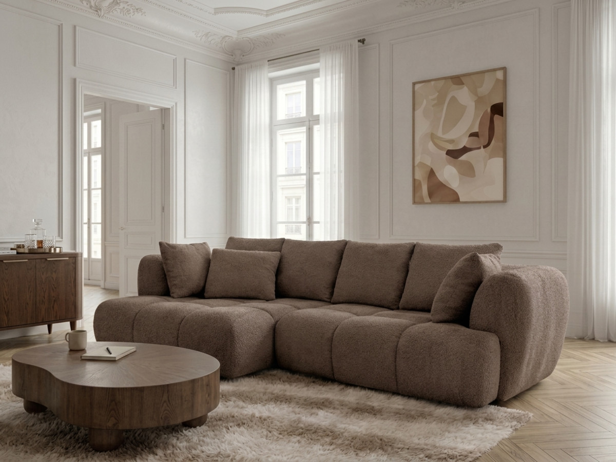 Narożna sofa z funkcją spania i elektryczną regulacją głębokości AUDE, obita tkaniną boucle