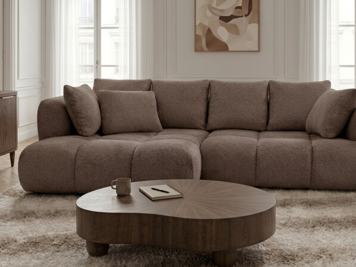 Narożna sofa z funkcją spania i elektryczną regulacją głębokości AUDE, obita tkaniną boucle