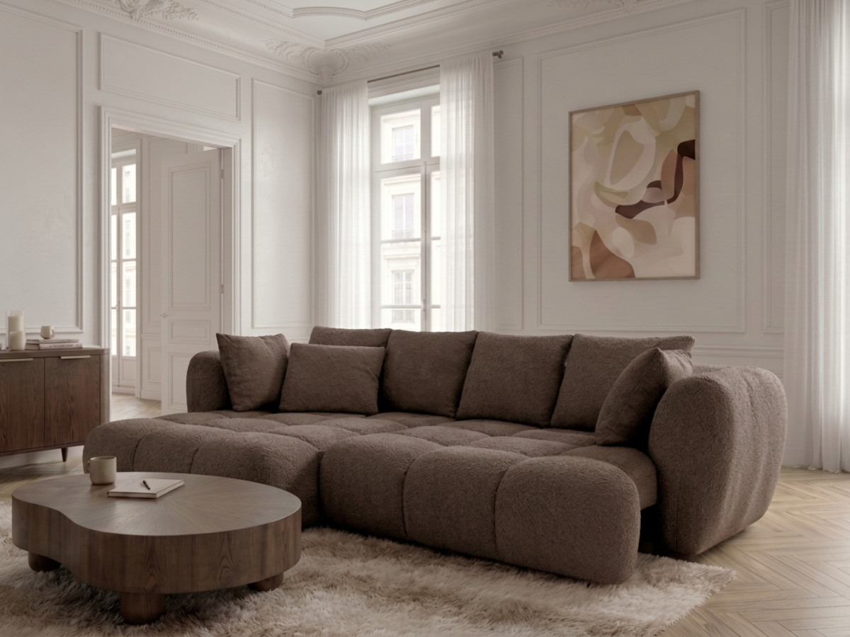 Narożna sofa z funkcją spania i elektryczną regulacją głębokości AUDE, obita tkaniną boucle