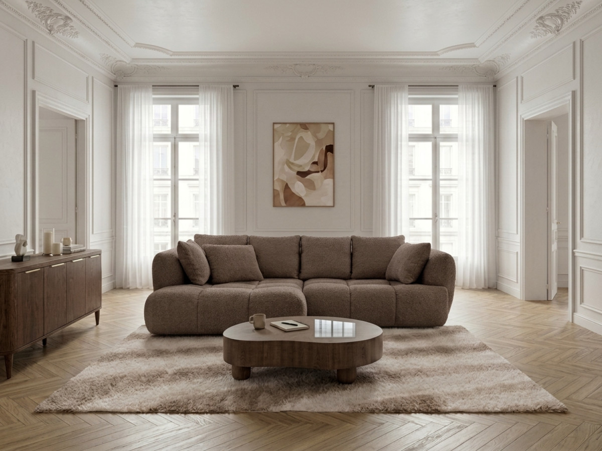 Narożna sofa z funkcją spania i elektryczną regulacją głębokości AUDE, obita tkaniną boucle