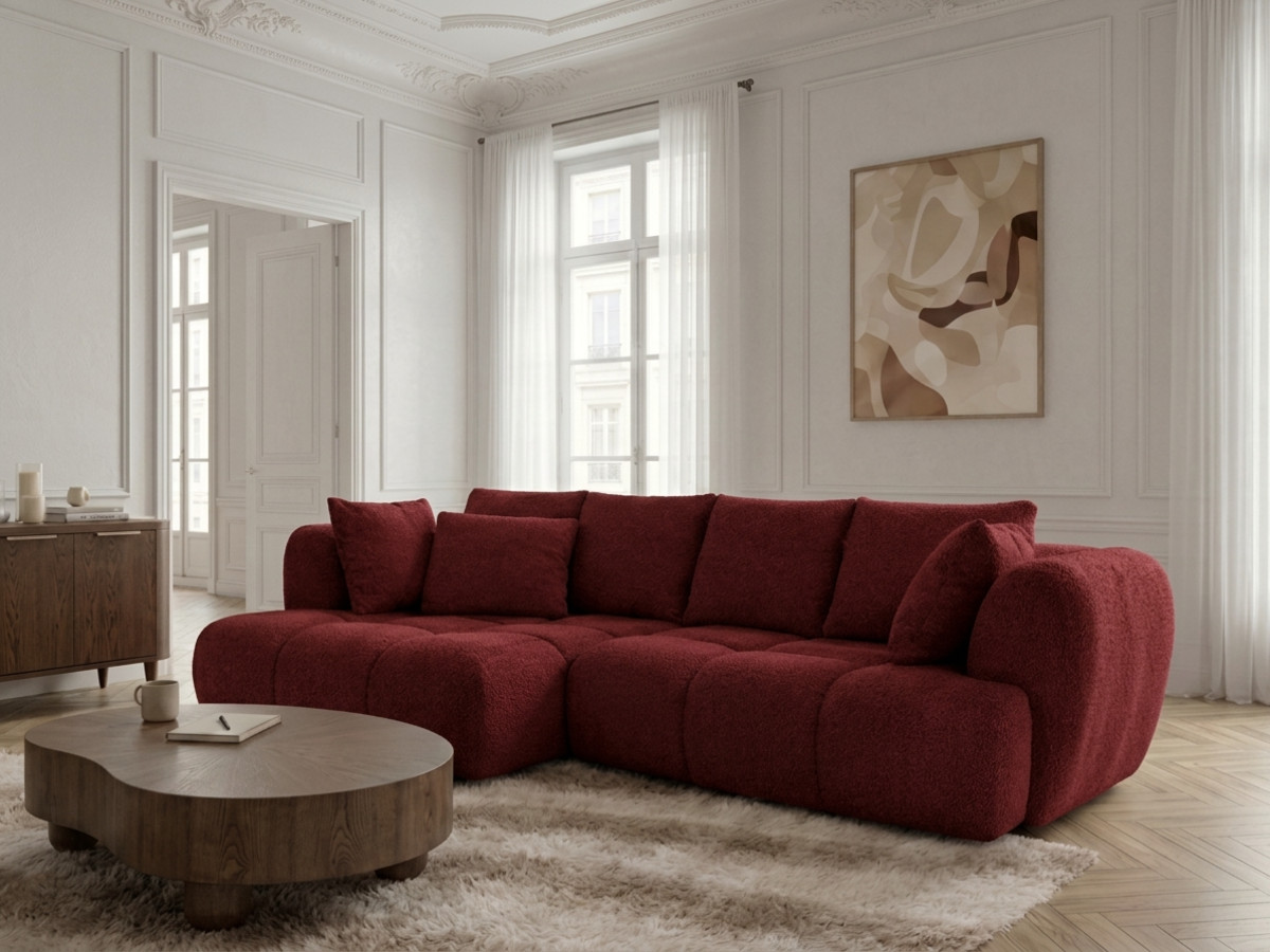 Narożna sofa z funkcją spania i elektryczną regulacją głębokości AUDE, obita tkaniną boucle